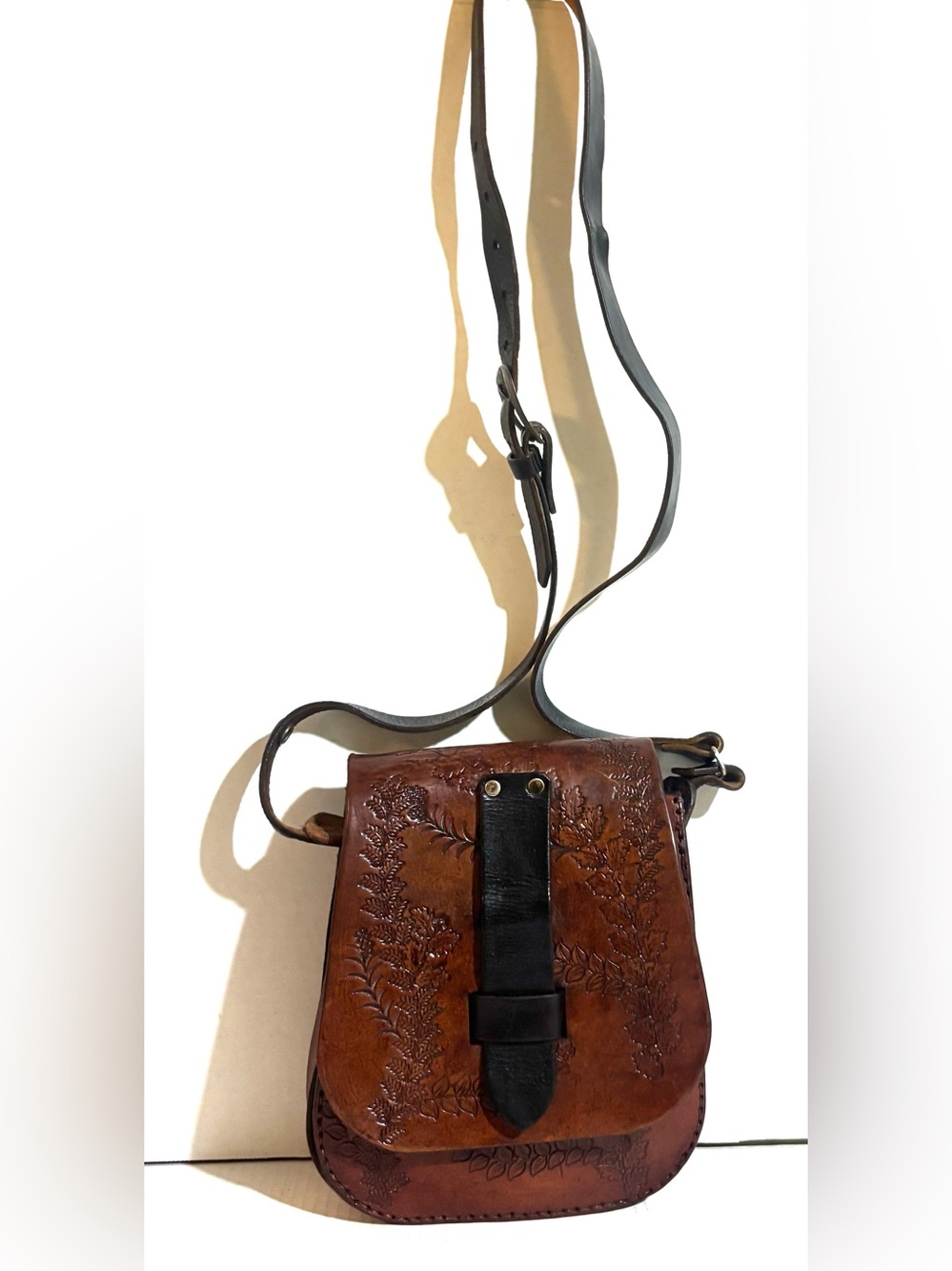 Handcrafted vintage Brown Leather Crossbody Bag - Embossed Floral Design